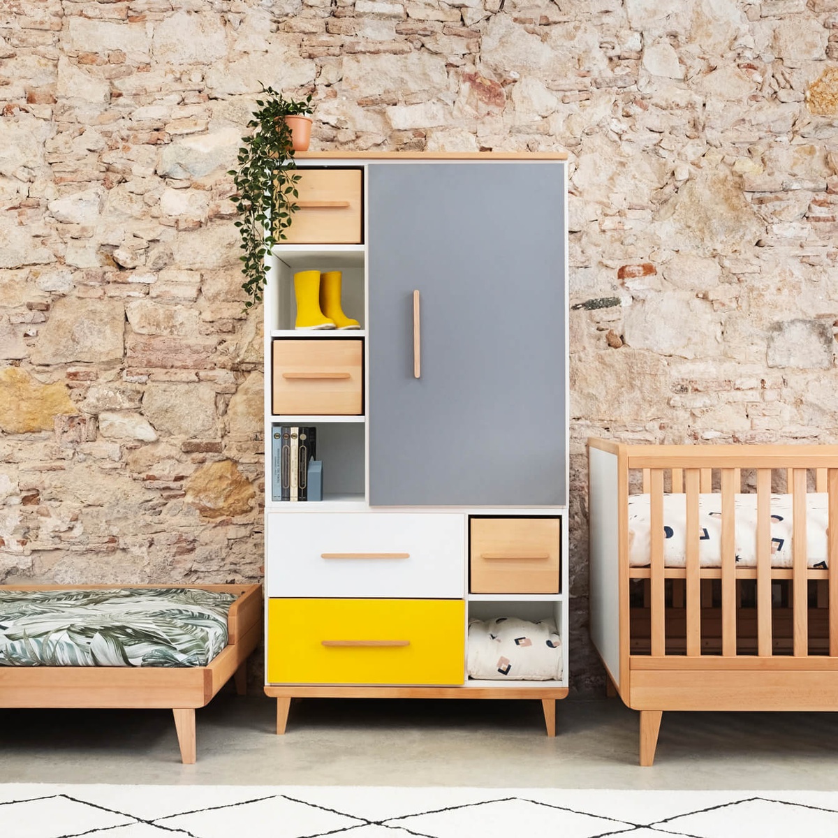 Armario 173 cm 1 puerta 2 cajones NADO Retro acabado haya sunshine yellow