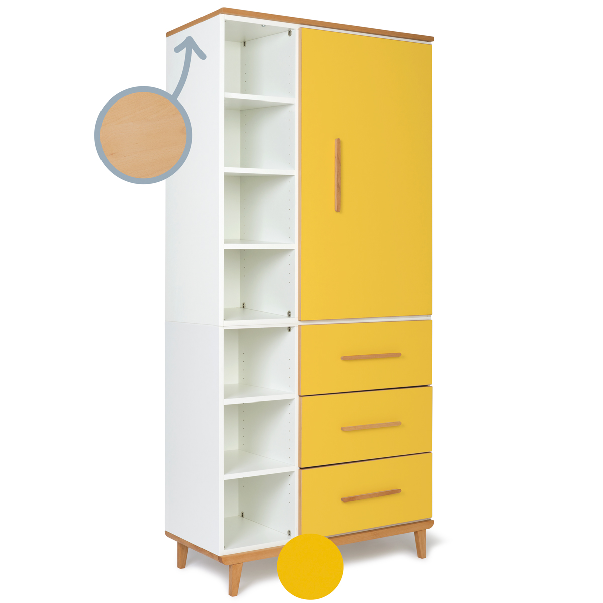 Armario 198 cm 1 puerta 3 cajones NADO Retro acabado haya sunshine yellow