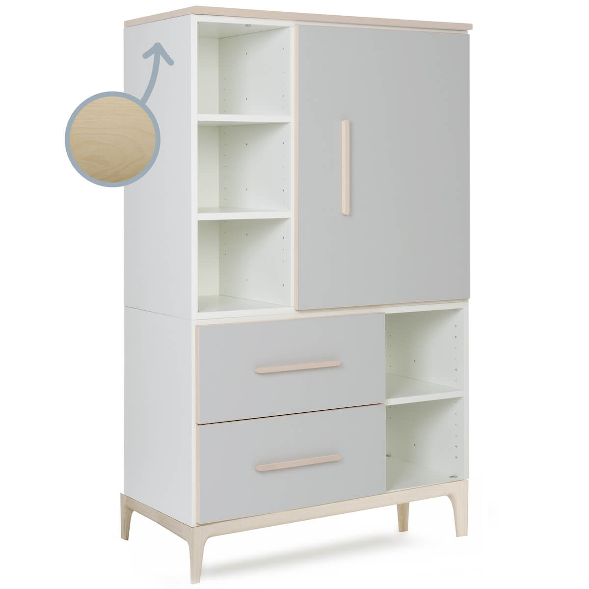 Armoire 147 cm 1 porte 2 tiroirs NADO Curve finition frêne manhattan grey