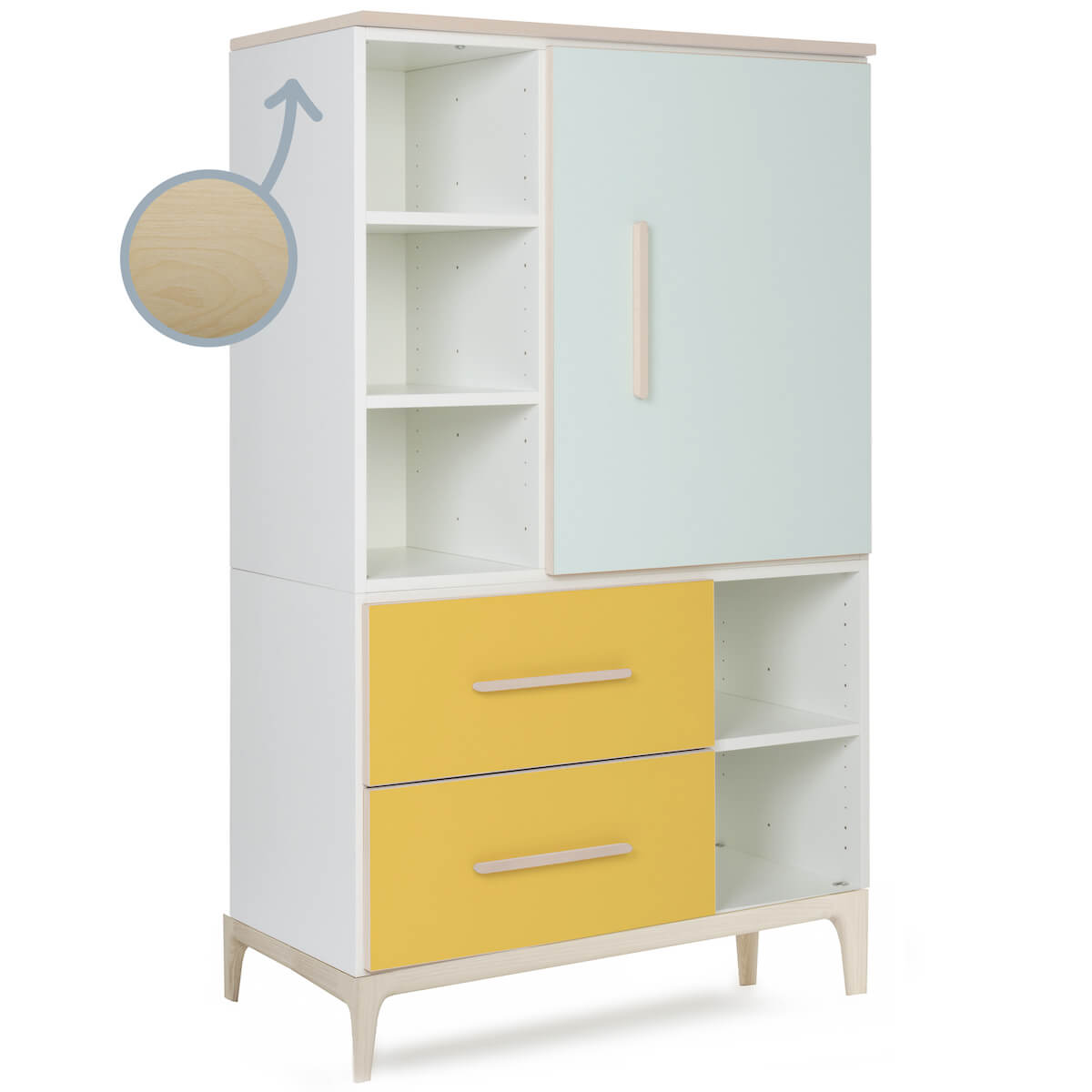 Armoire 147 cm 1 porte 2 tiroirs NADO Curve finition frêne mint-sunshine yellow