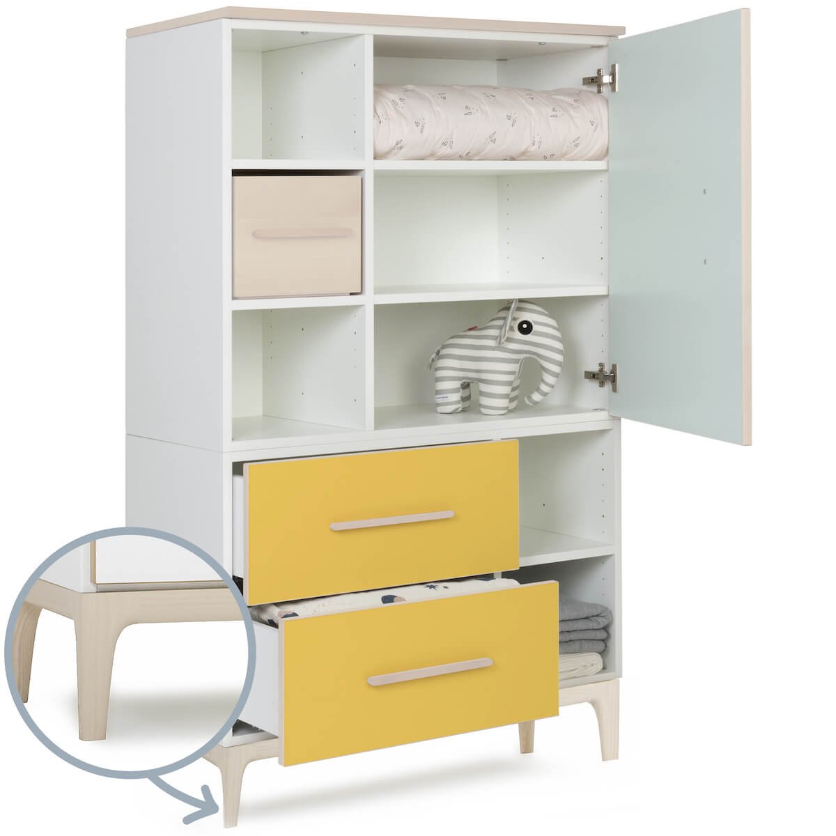 Armoire 147 cm 1 porte 2 tiroirs NADO Curve finition frêne mint-sunshine yellow