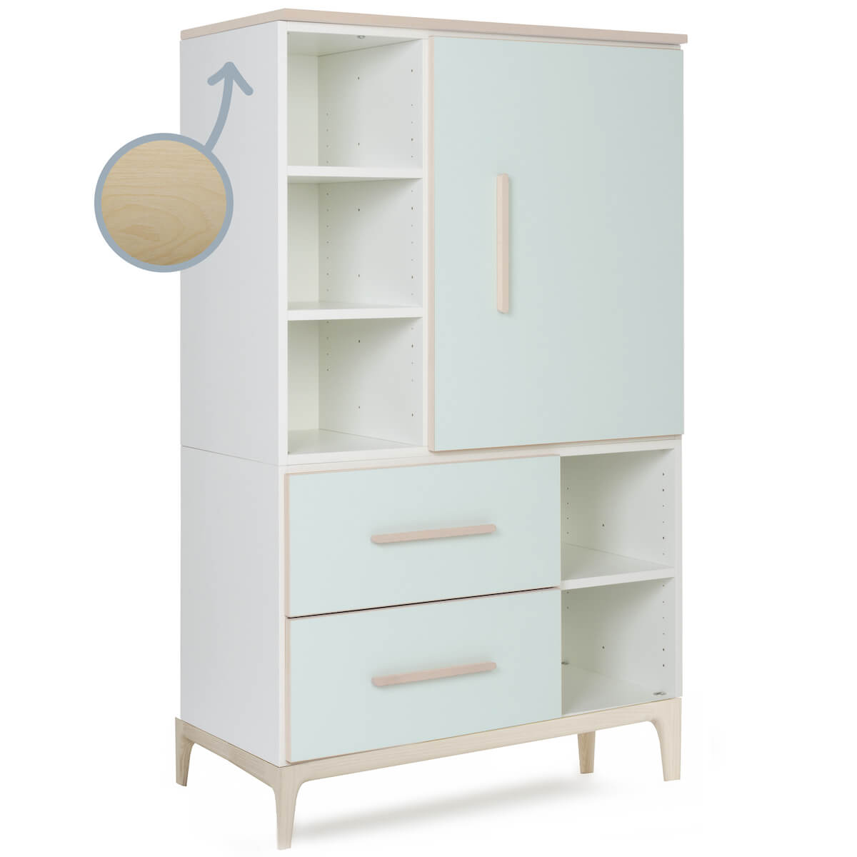 Armoire 147 cm 1 porte 2 tiroirs NADO Curve finition frêne mint