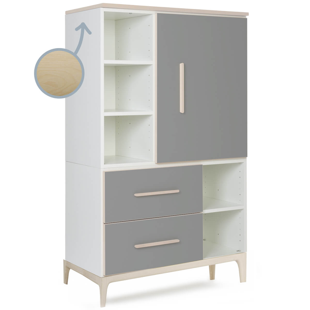 Armoire 147 cm 1 porte 2 tiroirs NADO Curve finition frêne slate grey