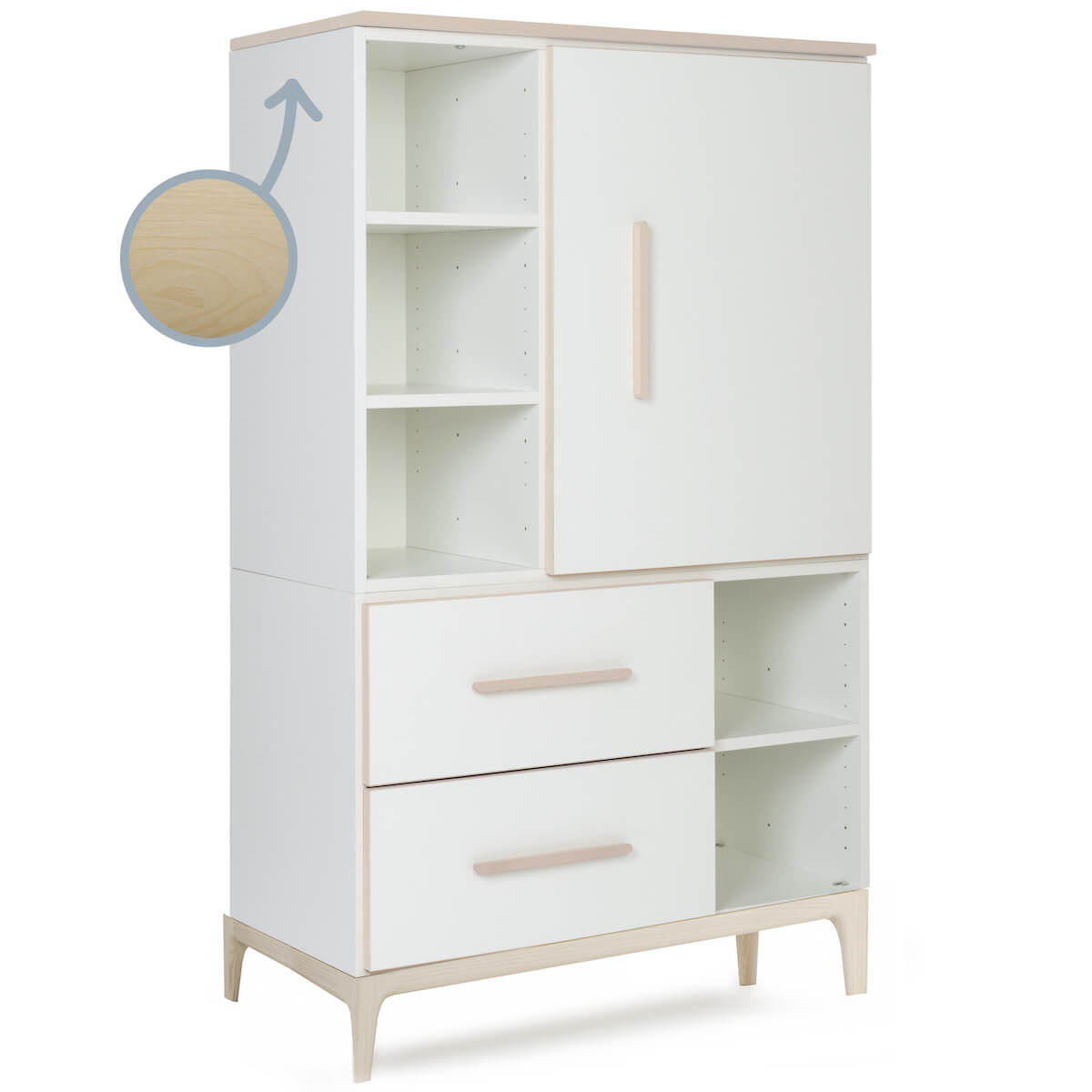 Armoire 147 cm 1 porte 2 tiroirs NADO Curve finition frêne white