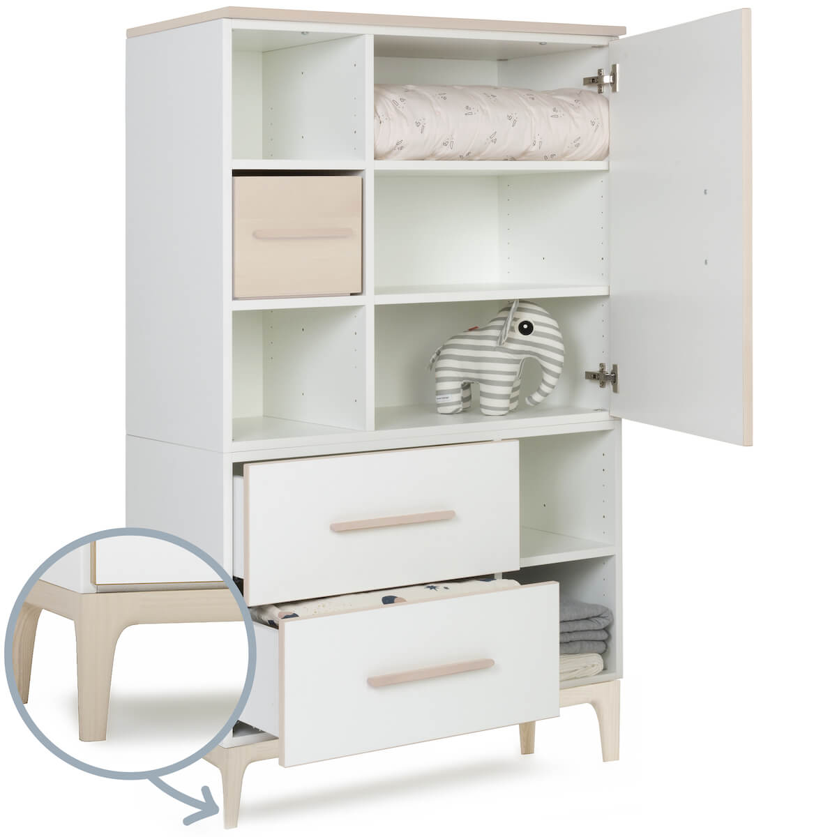 Armoire 147 cm 1 porte 2 tiroirs NADO Curve finition frêne white