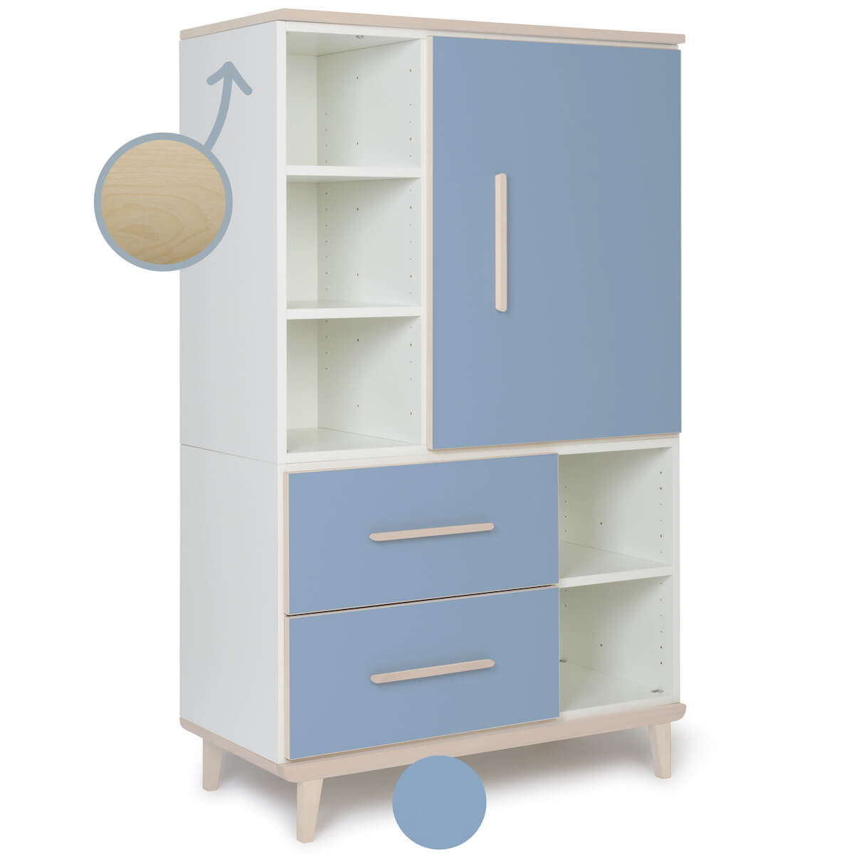 Armoire 147 cm 1 porte 2 tiroirs NADO Retro finition frêne capri blue