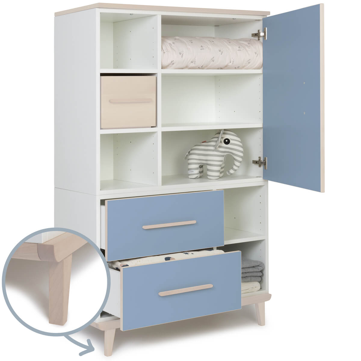 Armoire 147 cm 1 porte 2 tiroirs NADO Retro finition frêne capri blue