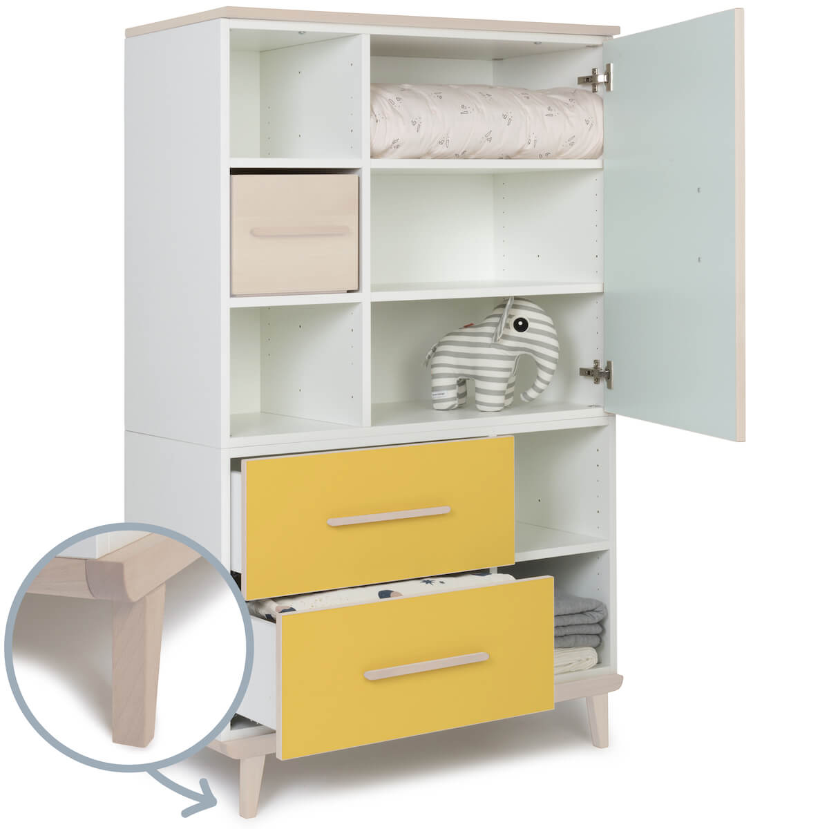 Armoire 147 cm 1 porte 2 tiroirs NADO Retro finition frêne mint-sunshine yellow