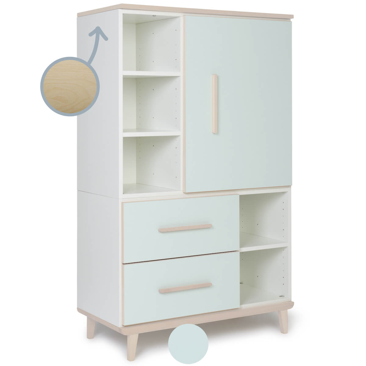 Armoire 147 cm 1 porte 2 tiroirs NADO Retro finition frêne mint