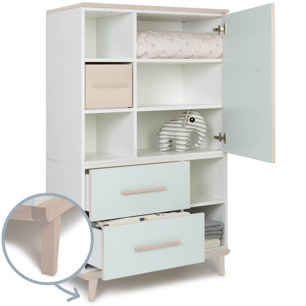 Armoire 147 cm 1 porte 2 tiroirs NADO Retro finition frêne mint