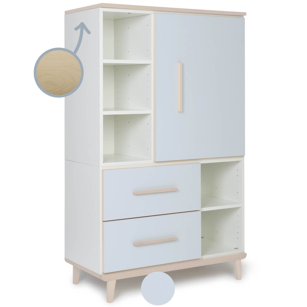 Armoire 147 cm 1 porte 2 tiroirs NADO Retro finition frêne sky blue
