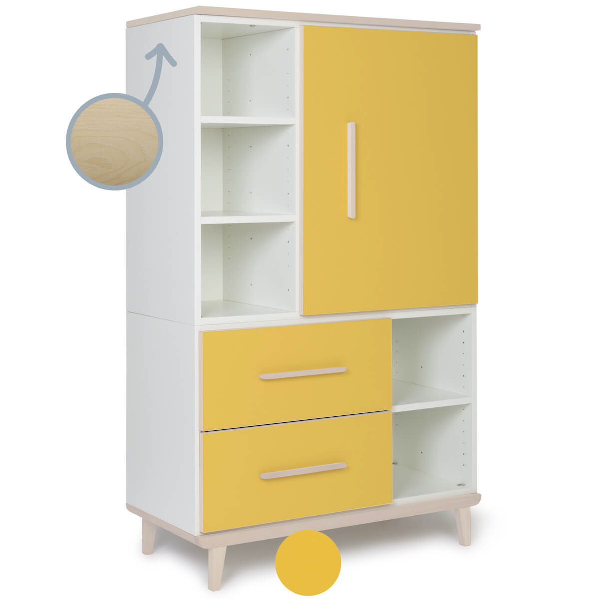 Armoire 147 cm 1 porte 2 tiroirs NADO Retro finition frêne sunshine yellow