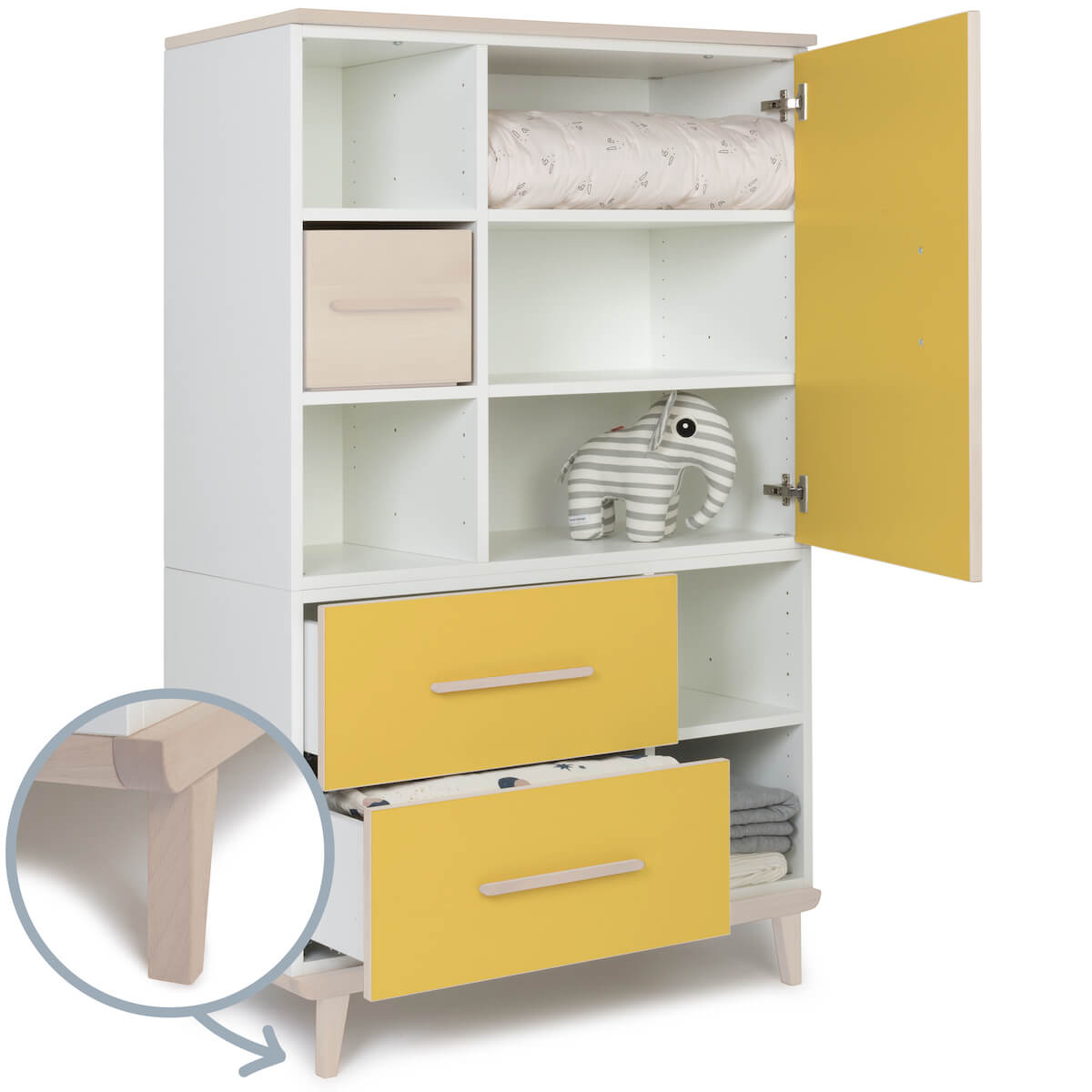 Armoire 147 cm 1 porte 2 tiroirs NADO Retro finition frêne sunshine yellow