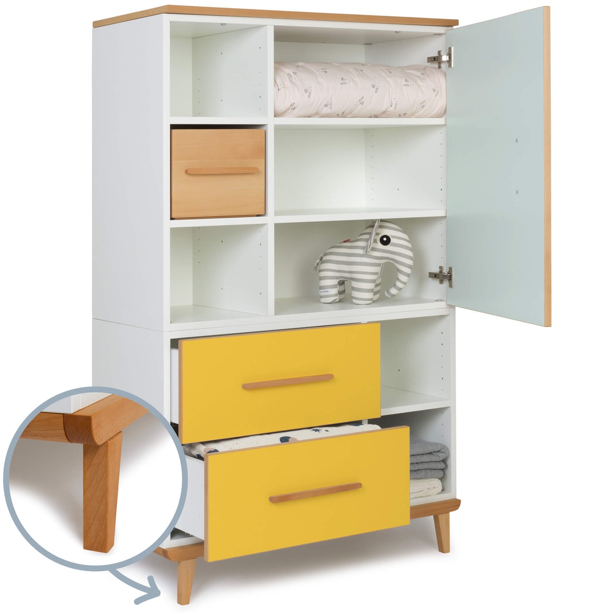 Armoire 147 cm 1 porte 2 tiroirs NADO Retro finition hêtre mint-sunshine yellow