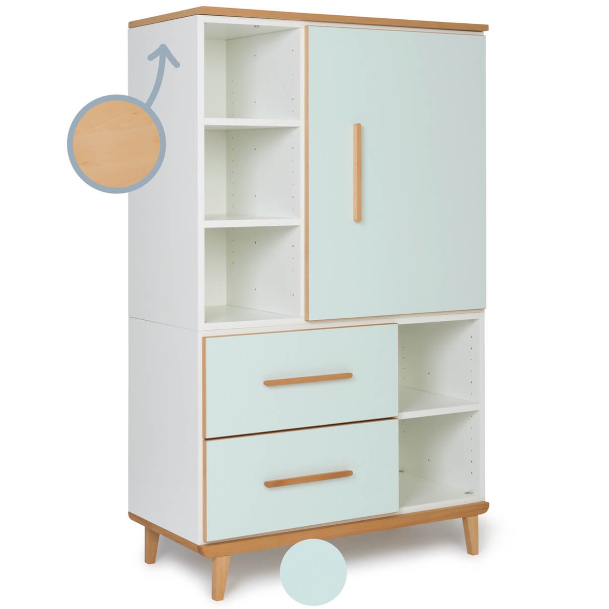 Armoire 147 cm 1 porte 2 tiroirs NADO Retro finition hêtre mint