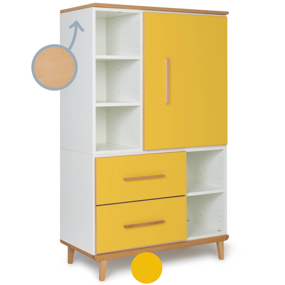 Armoire 147 cm 1 porte 2 tiroirs NADO Retro finition hêtre sunshine yellow