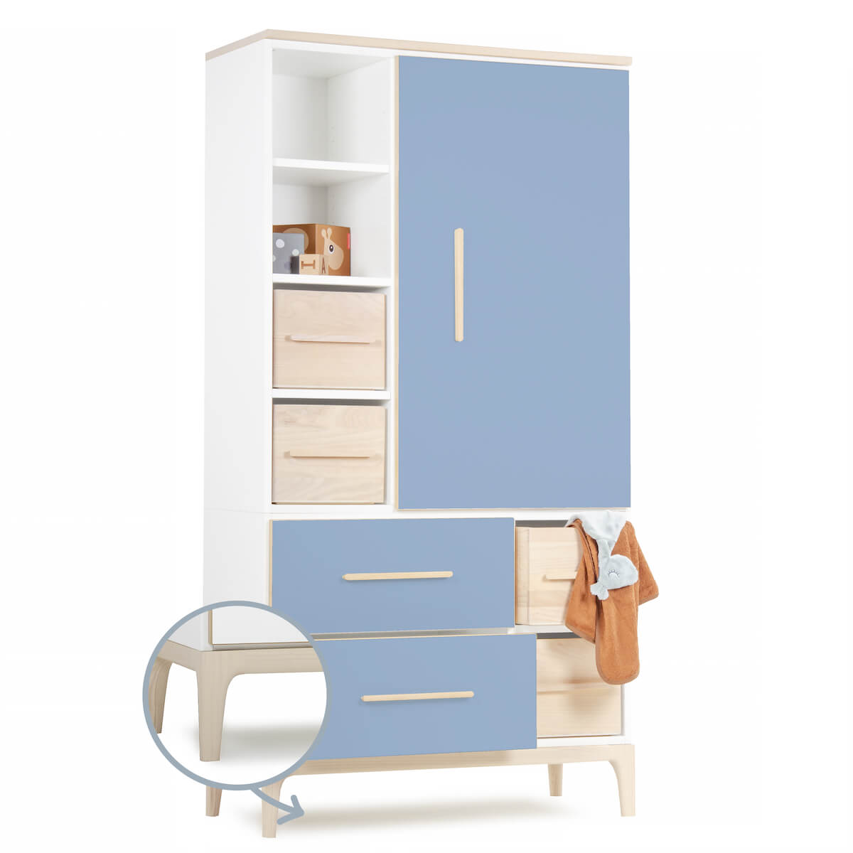Armoire 173 cm 1 porte 2 tiroirs NADO Curve finition frêne capri blue