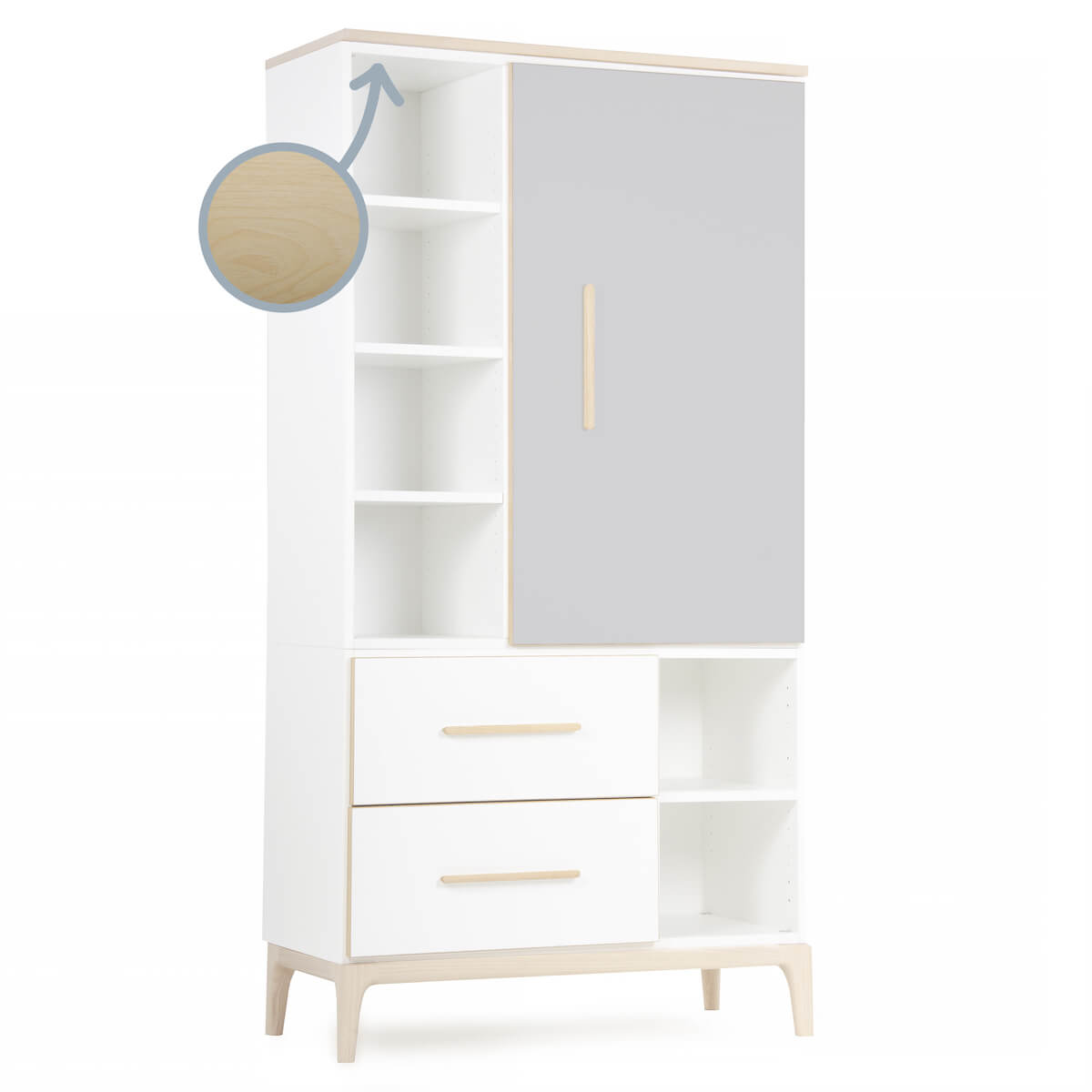 Armoire 173 cm 1 porte 2 tiroirs NADO Curve finition frêne manhattan grey-white