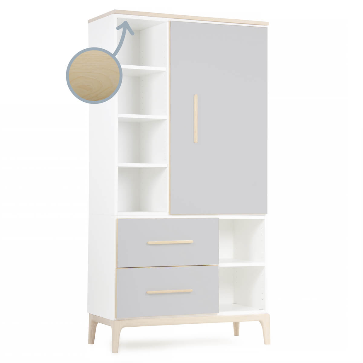 Armoire 173 cm 1 porte 2 tiroirs NADO Curve finition frêne manhattan grey