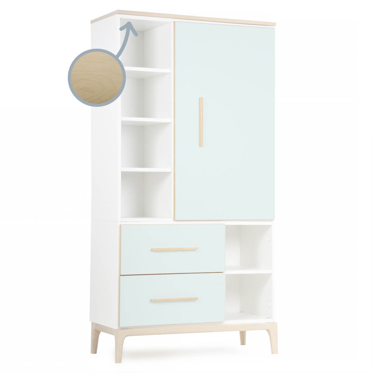 Armoire 173 cm 1 porte 2 tiroirs NADO Curve finition frêne mint