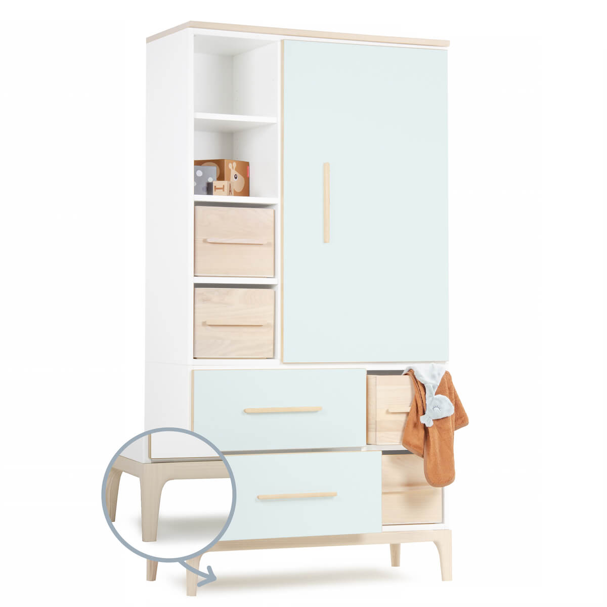 Armoire 173 cm 1 porte 2 tiroirs NADO Curve finition frêne mint