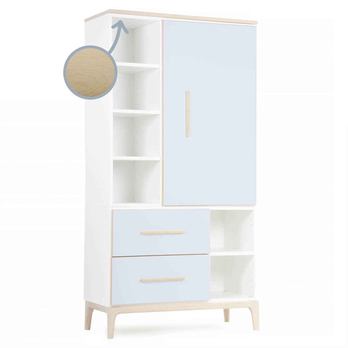 Armoire 173 cm 1 porte 2 tiroirs NADO Curve finition frêne sky blue