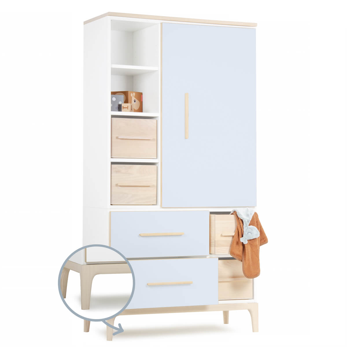 Armoire 173 cm 1 porte 2 tiroirs NADO Curve finition frêne sky blue