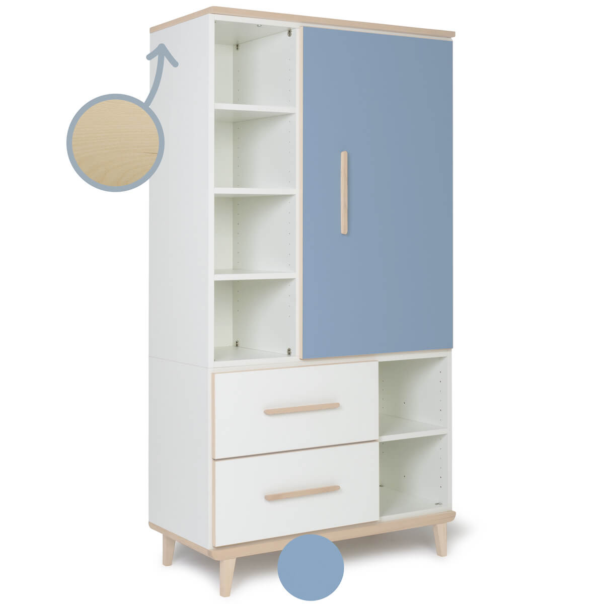 Armoire 173 cm 1 porte 2 tiroirs NADO Retro finition frêne capri blue-white
