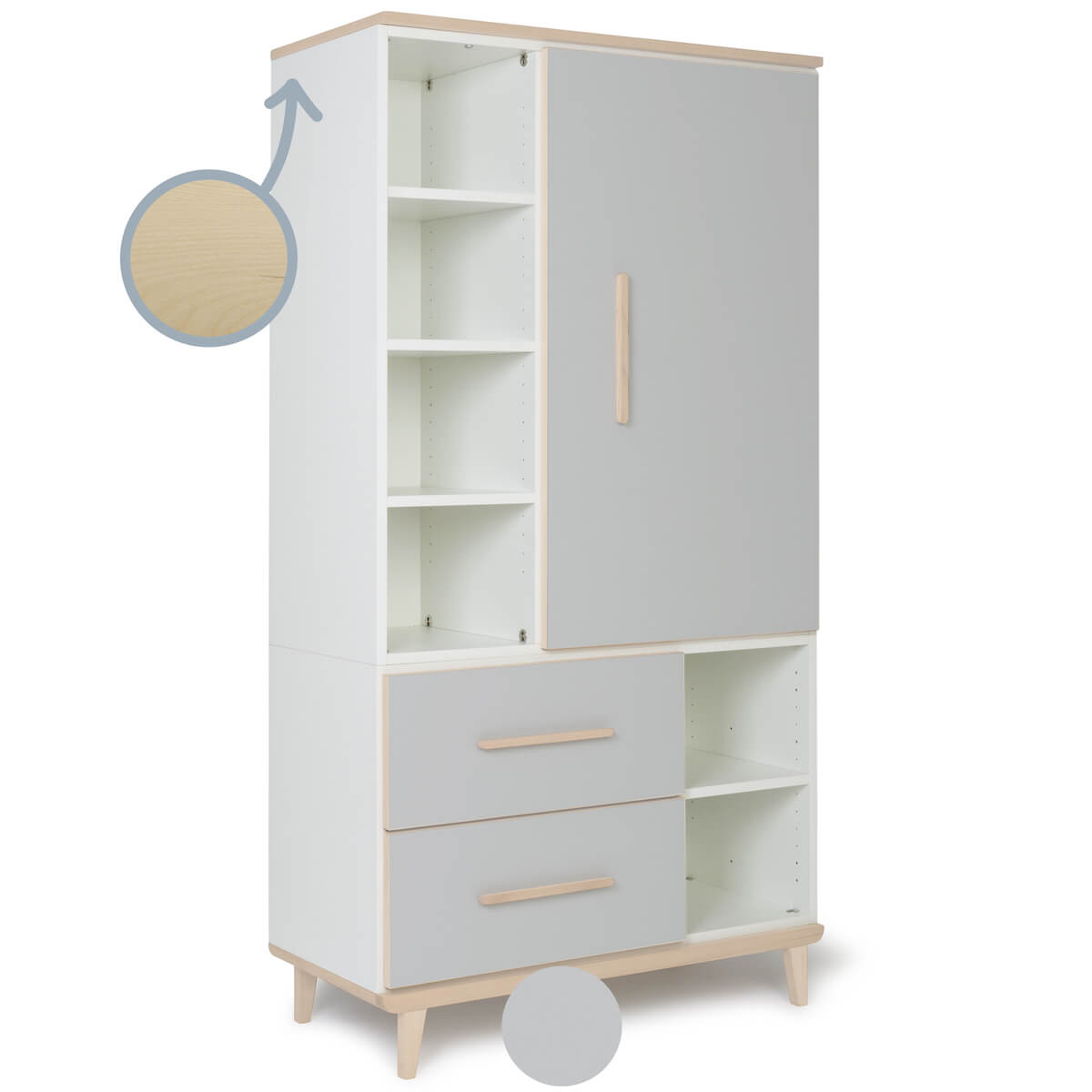 Armoire 173 cm 1 porte 2 tiroirs NADO Retro finition frêne manhattan grey