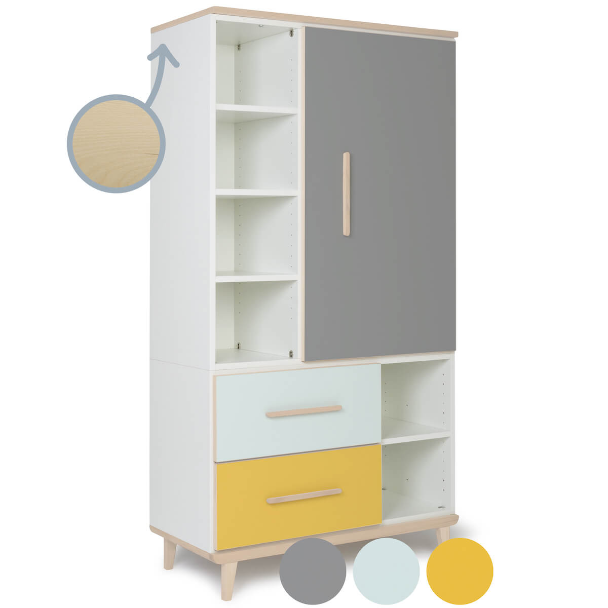 Armoire 173 cm 1 porte 2 tiroirs NADO Retro finition frêne slate grey-mint-sunshine yellow