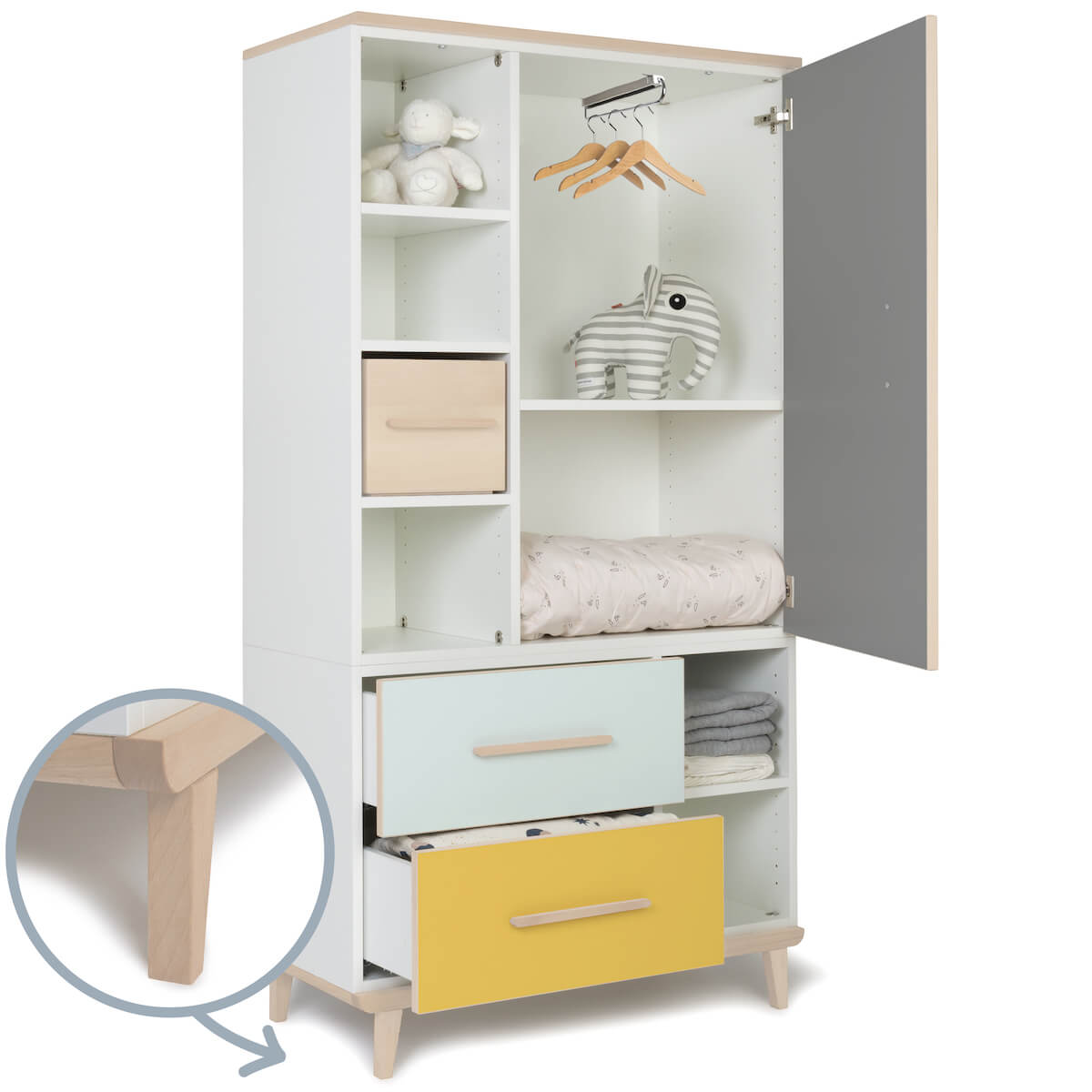 Armoire 173 cm 1 porte 2 tiroirs NADO Retro finition frêne slate grey-mint-sunshine yellow