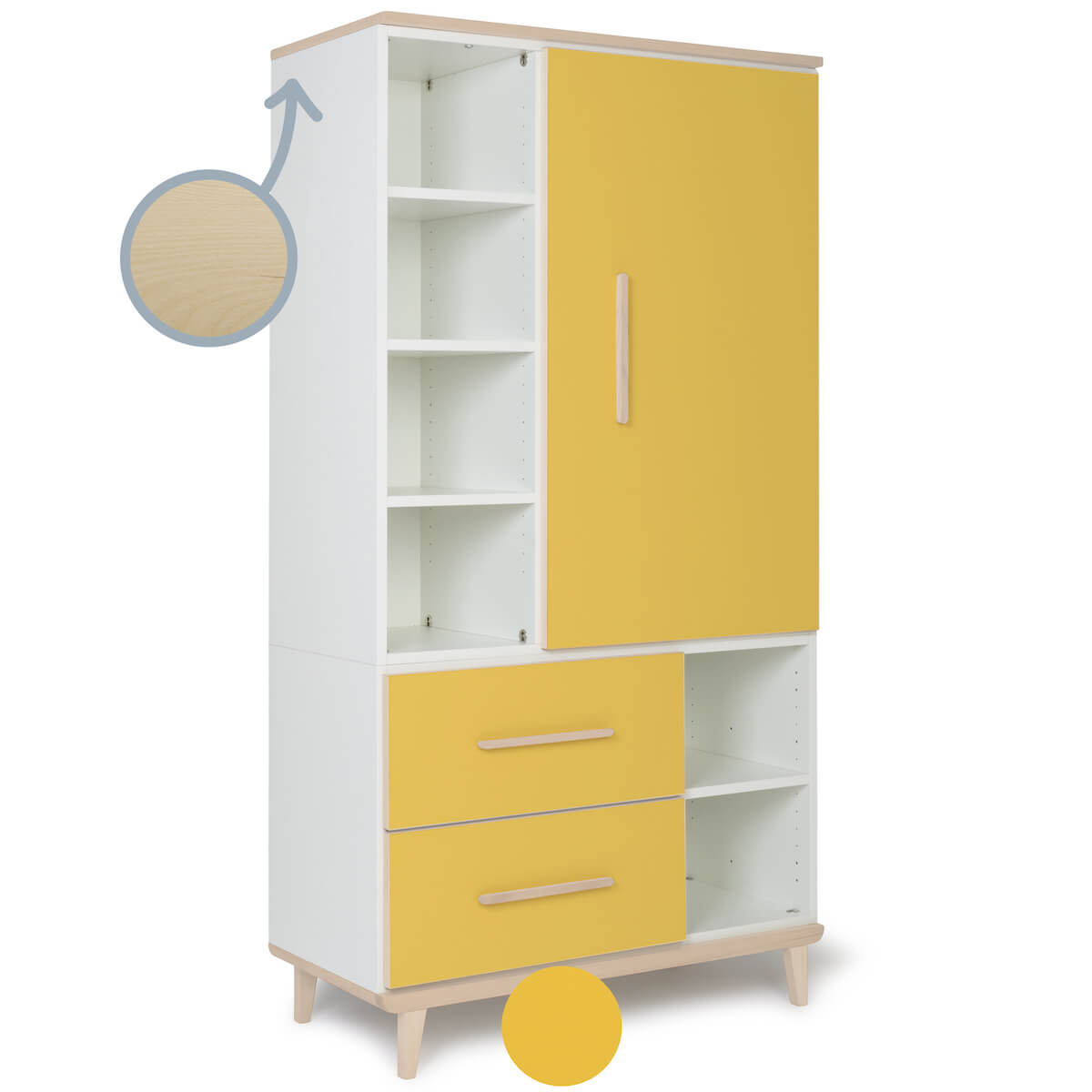 Armoire 173 cm 1 porte 2 tiroirs NADO Retro finition frêne sunshine yellow