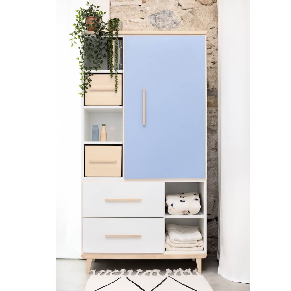 Armoire 173 cm 1 porte 2 tiroirs NADO Retro finition frêne sunshine yellow