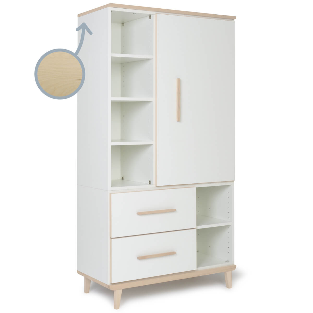 Armoire 173 cm 1 porte 2 tiroirs NADO Retro finition frêne white