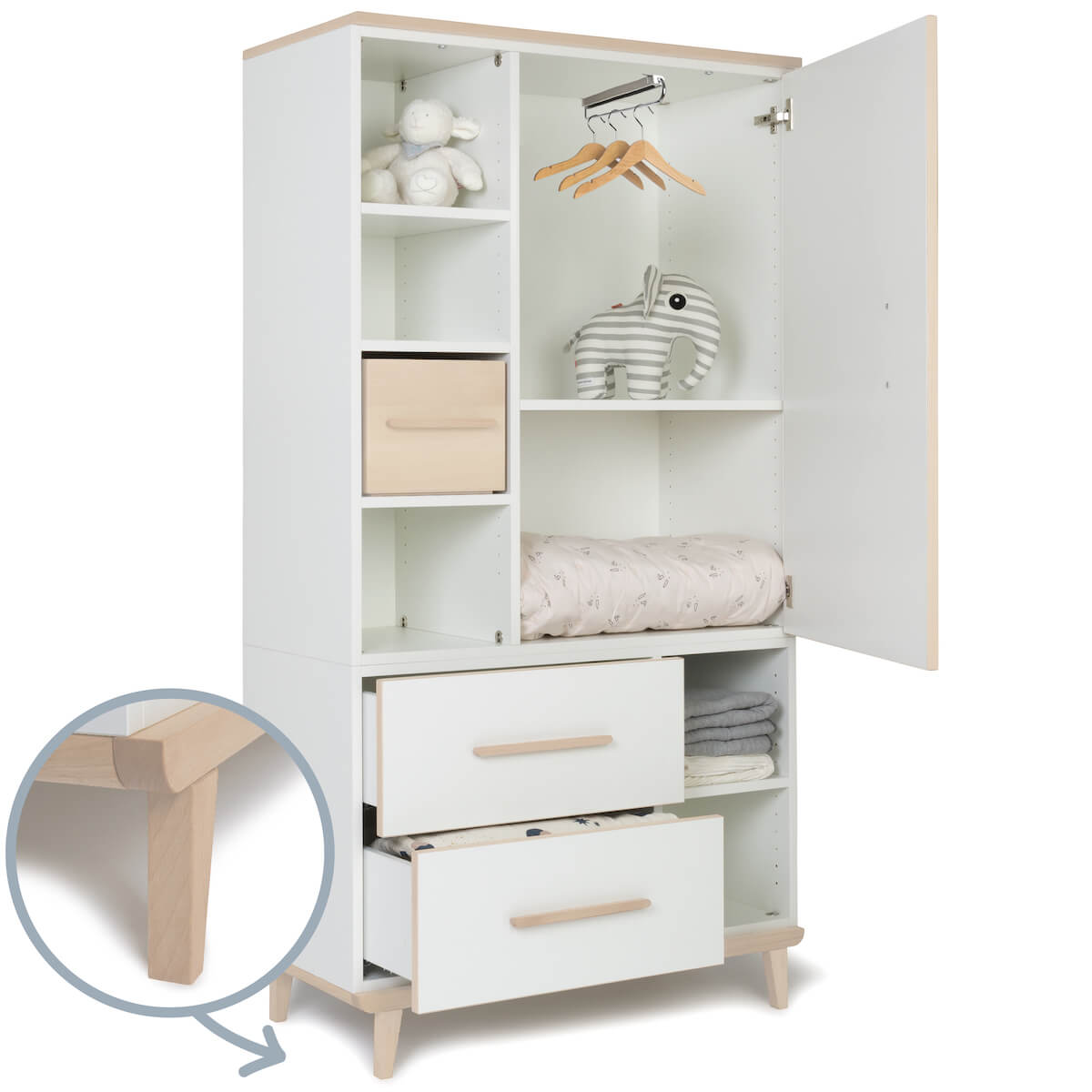 Armoire 173 cm 1 porte 2 tiroirs NADO Retro finition frêne white