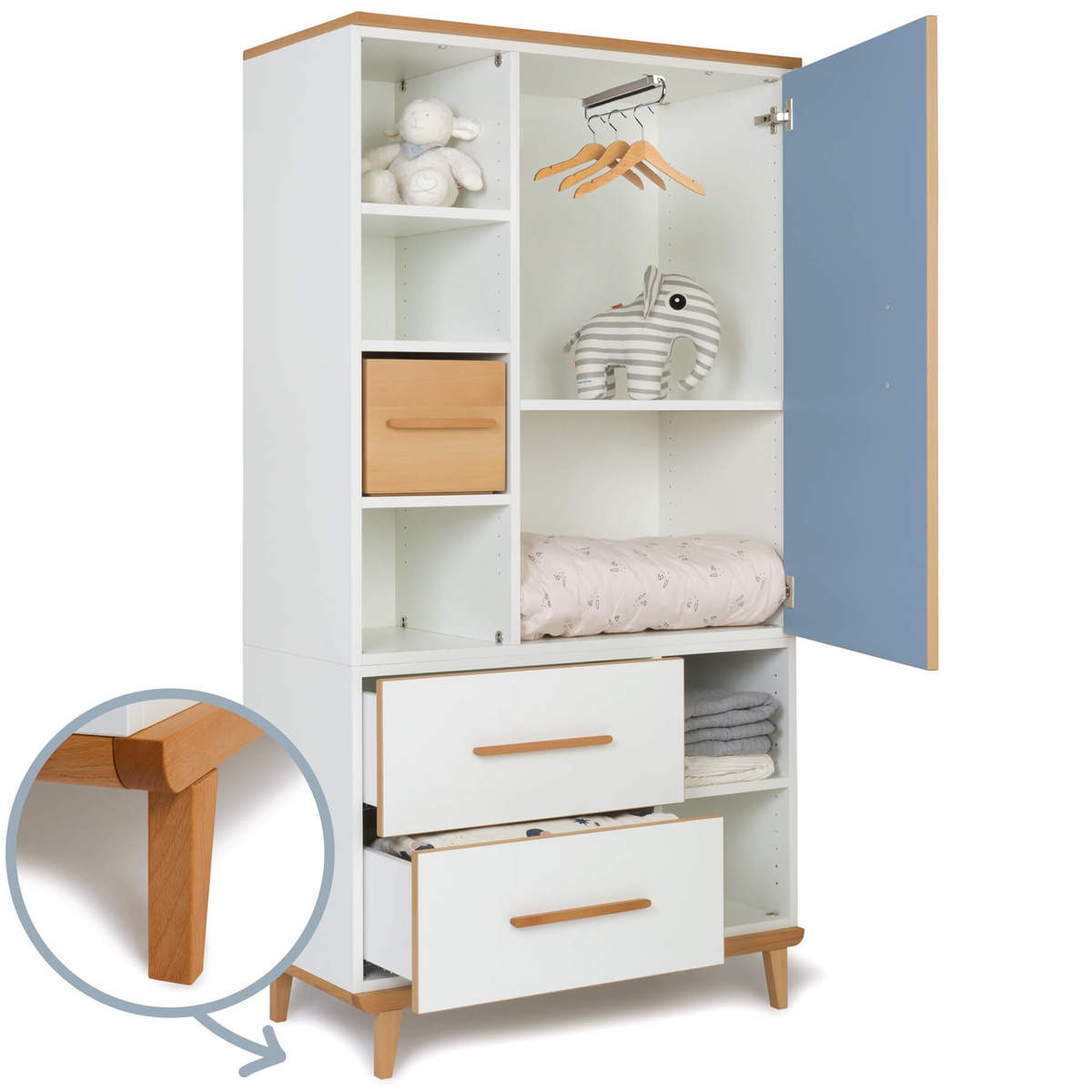 Armoire 173 cm 1 porte 2 tiroirs NADO Retro finition hêtre capri blue-white