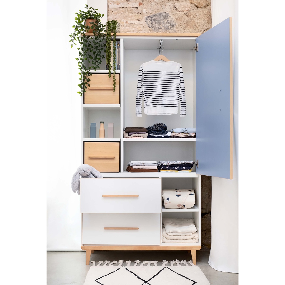 Armoire 173 cm 1 porte 2 tiroirs NADO Retro finition hêtre capri blue