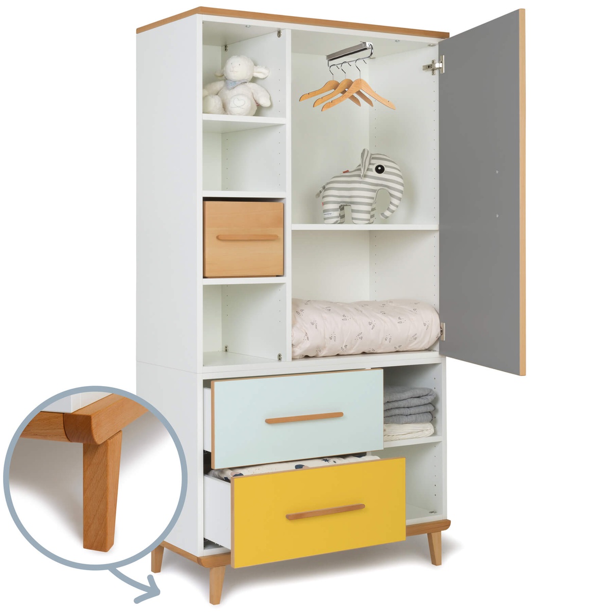 Armoire 173 cm 1 porte 2 tiroirs NADO Retro finition hêtre slate grey-mint-sunshine yellow