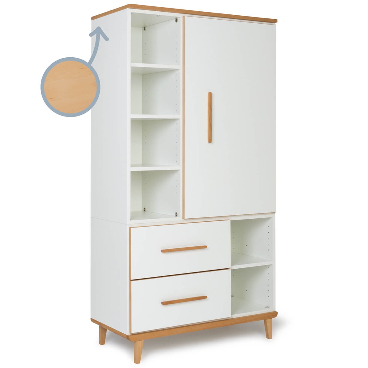 Armoire 173 cm 1 porte 2 tiroirs NADO Retro finition hêtre white