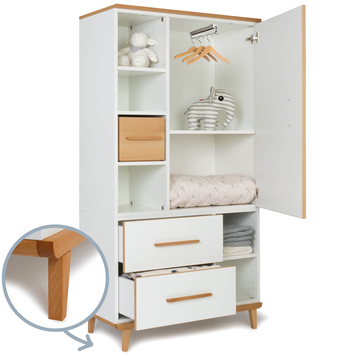 Armoire 173 cm 1 porte 2 tiroirs NADO Retro finition hêtre white