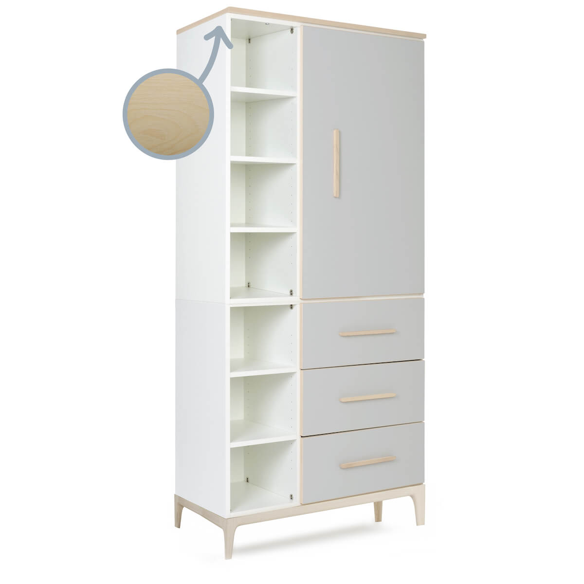 Armoire 198 cm 1 porte 3 tiroirs NADO Curve finition frêne manhattan grey