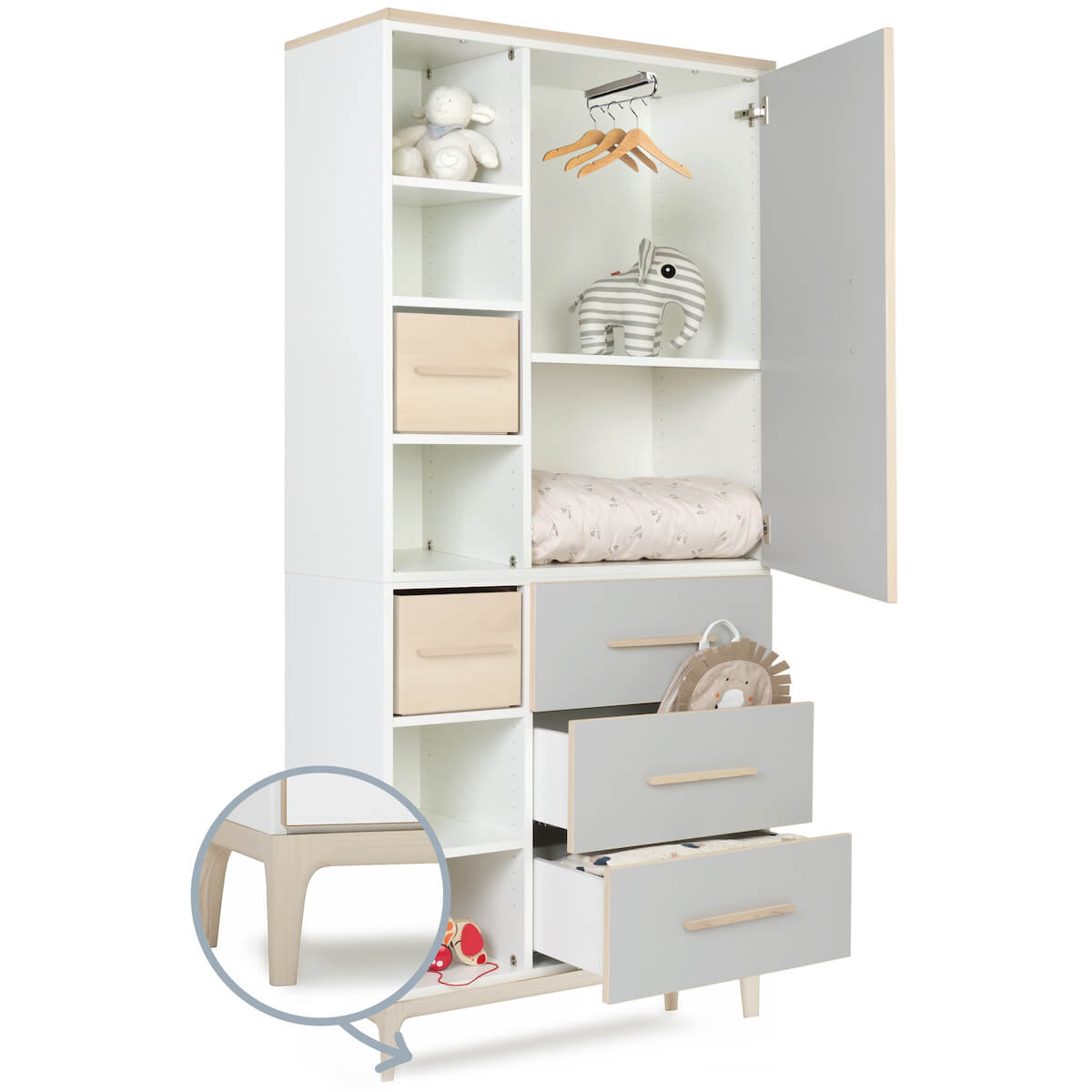 Armoire 198 cm 1 porte 3 tiroirs NADO Curve finition frêne manhattan grey