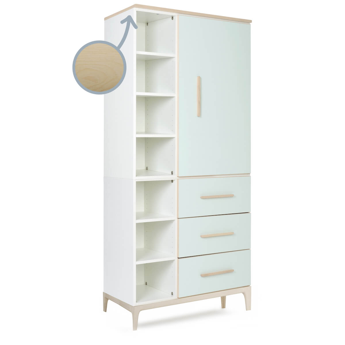 Armoire 198 cm 1 porte 3 tiroirs NADO Curve finition frêne mint
