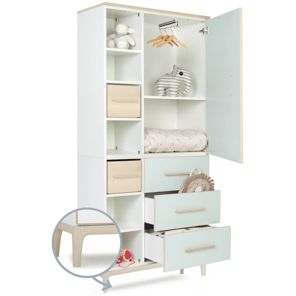 Armoire 198 cm 1 porte 3 tiroirs NADO Curve finition frêne mint