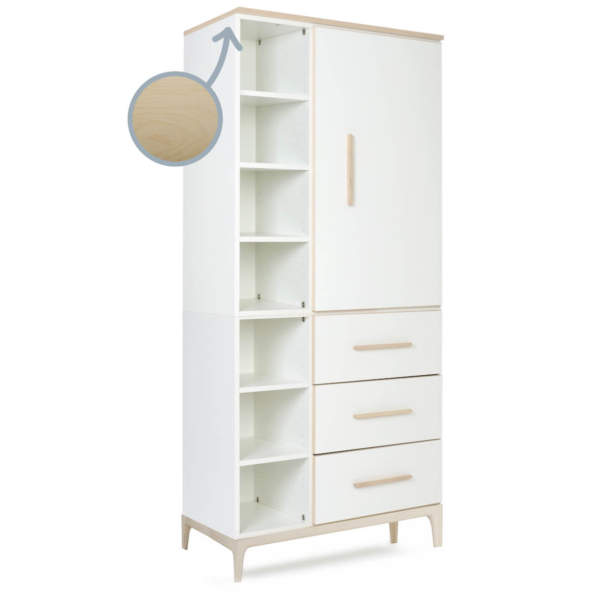 Armoire 198 cm 1 porte 3 tiroirs NADO Curve finition frêne white