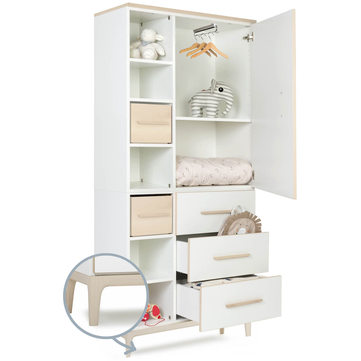 Armoire 198 cm 1 porte 3 tiroirs NADO Curve finition frêne white