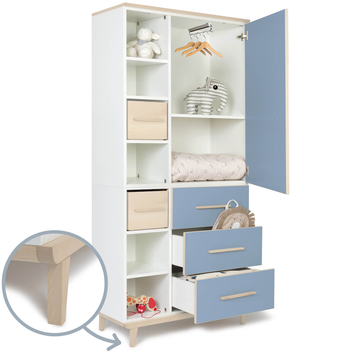 Armoire 198 cm 1 porte 3 tiroirs NADO Retro finition frêne capri blue