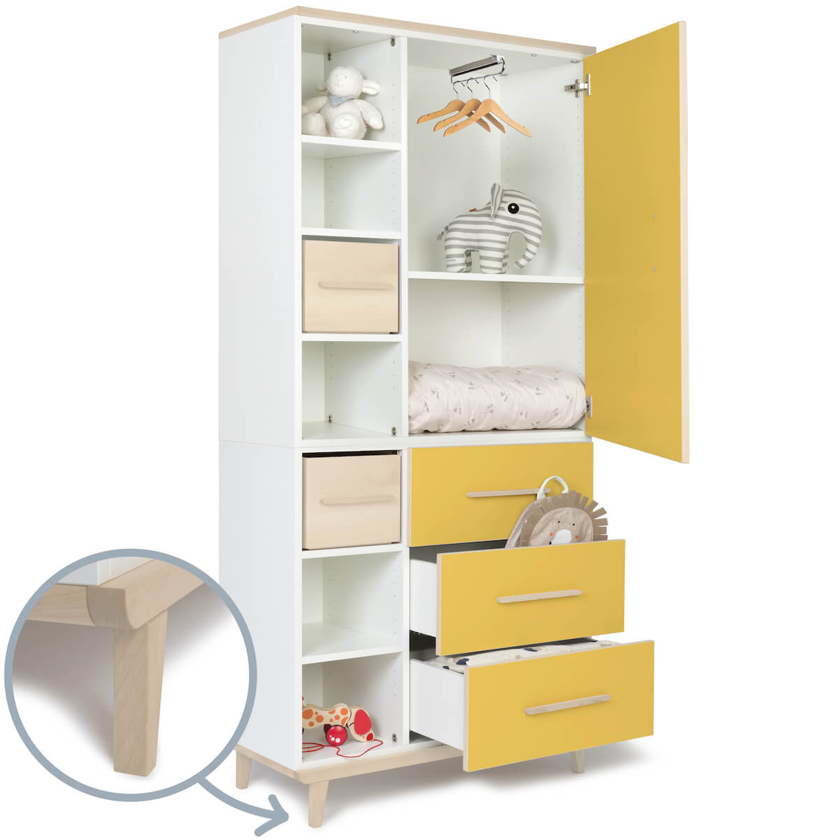 Armoire 198 cm 1 porte 3 tiroirs NADO Retro finition frêne sunshine yellow