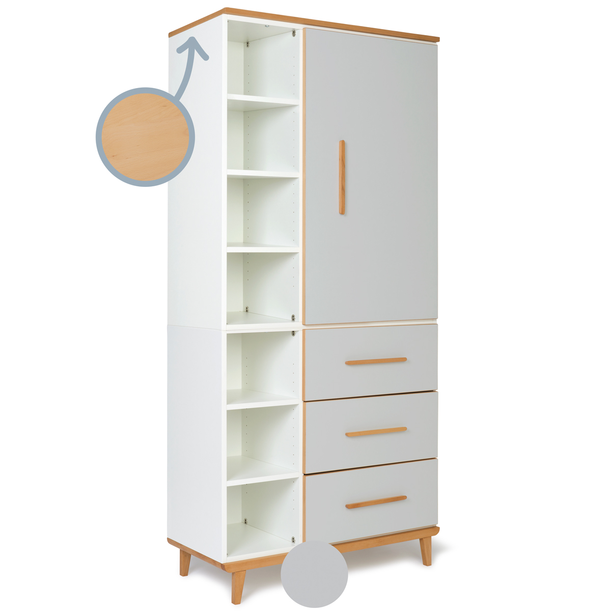 Armoire 198 cm 1 porte 3 tiroirs NADO Retro finition hêtre manhattan grey