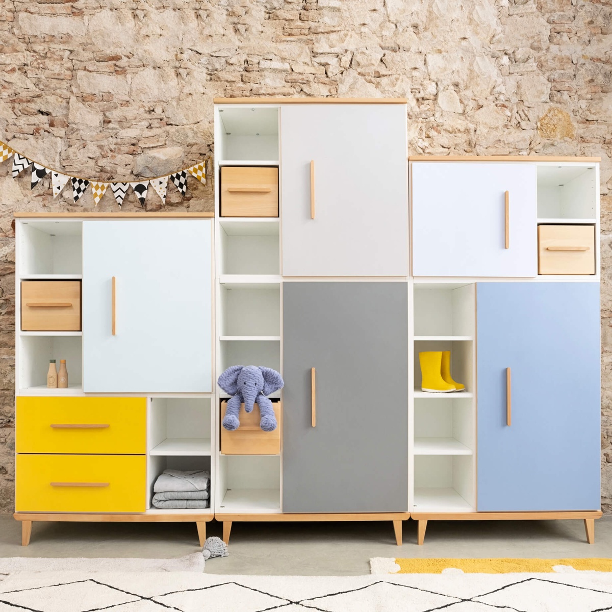 Armoire 198 cm 2 portes NADO Retro finition hêtre sky blue